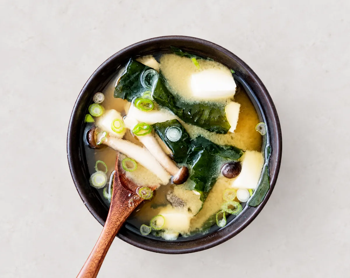 Miso soup with tofu, seaweed and mushrooms